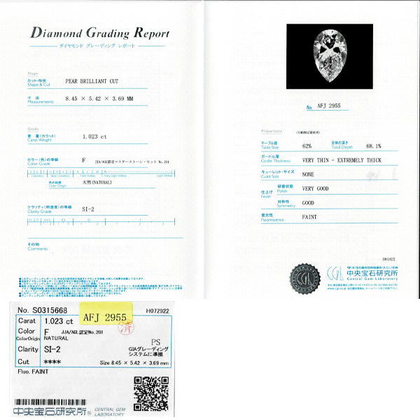 Pt950/ Pt850 ペアシェイプ ダイヤモンド ペンダントネックレス 1.023ct F SI2 VG/G D0.65ct