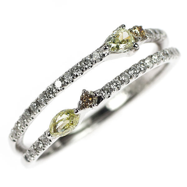 K18WG ファンシーカット イエローダイヤモンド ブラウン/カラーレス ダイヤモンド リング 0.36ct D0.25ct