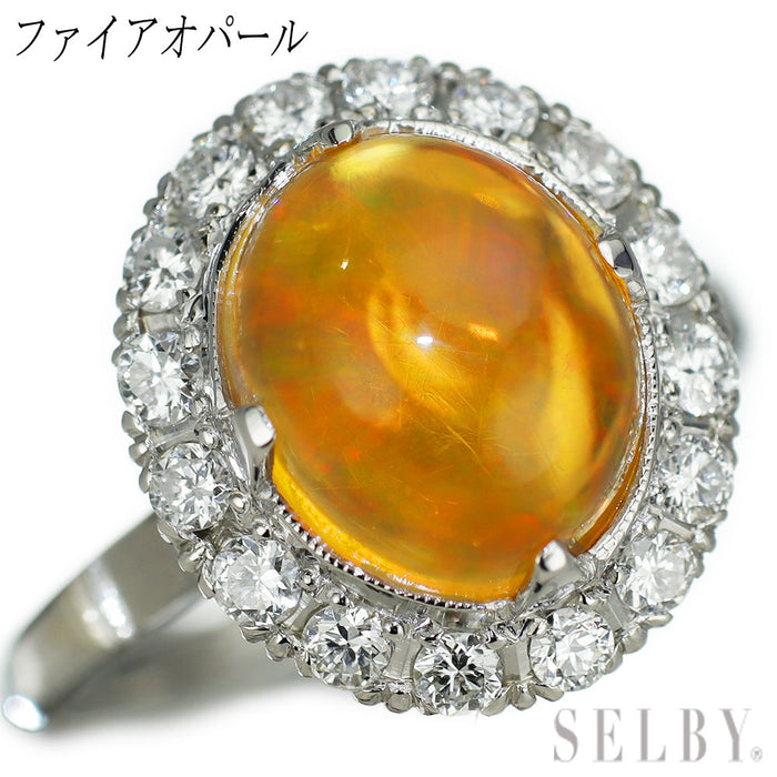 Pt800 ファイヤーオパール ダイヤモンド リング 陽刻ヴィンテージ製品 千本透かし【ヒスコレ】