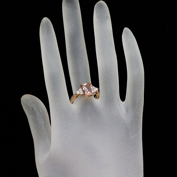 K18PG エメラルドカット モルガナイト ダイヤモンド リング 1.66ct D0.32ct