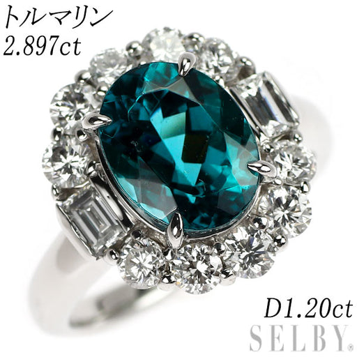 Pt900 オーバル トルマリン ダイヤモンド リング 2.897ct D1.20ct