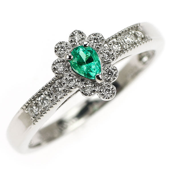Pt900 ペアシェイプ エメラルド ダイヤモンド リング 0.14ct D0.08ct