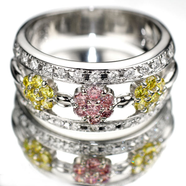 Pt900 天然ピンク イエロー/カラーレス ダイヤモンド リング 0.16ct YD0.29ct D0.26ct