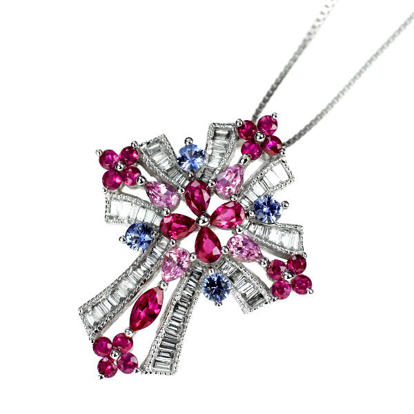 K18WG ルビー ブルー/ピンクサファイア ダイヤモンド ペンダントネックレス 0.58ct S0.43ct D0.23ct クロス