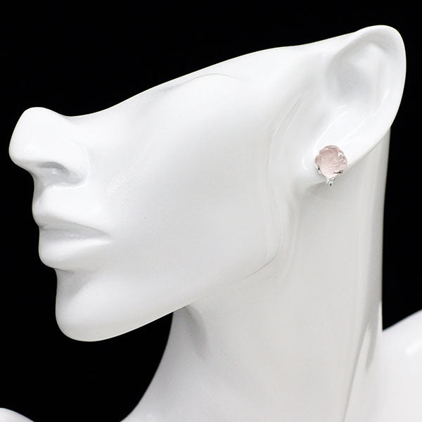 K18WG/ Pt900 カービング ローズクオーツ ダイヤモンド ピアス 7.29ct D0.10ct フラワー 薔薇