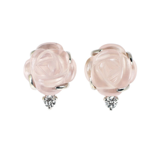 K18WG/ Pt900 カービング ローズクオーツ ダイヤモンド ピアス 7.29ct D0.10ct フラワー 薔薇