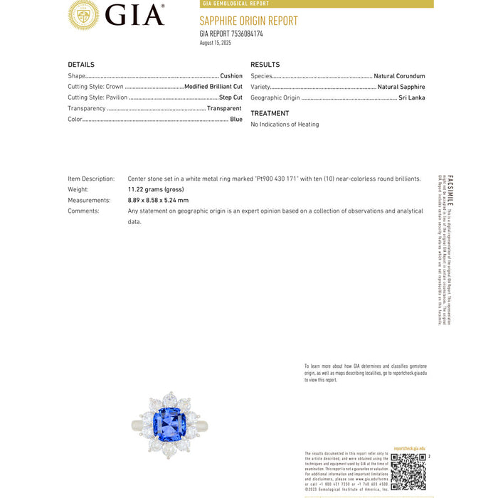 GIA産地鑑別書付 Pt900 大粒スリランカ産非加熱サファイア ダイヤモンド リング 4.30ct D1.71ct