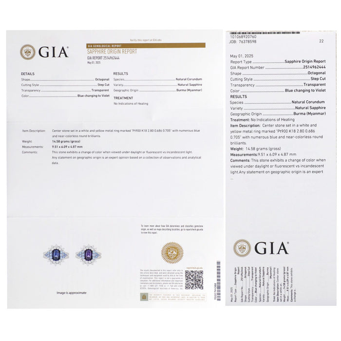 Pt900/ K18YG ビルマ産 非加熱カラーチェンジサファイア ダイヤモンド リング 2.80ct S0.686ct D0.705ct