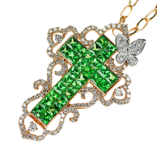 K18PG グリーンガーネット ダイヤモンド ペンダントネックレス 2.17ct D0.60ct ミステリーセッティング クロス
