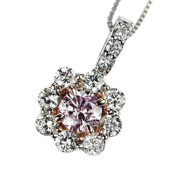 希少 Pt900/ Pt850 天然ピンク/ カラーレス ダイヤモンド ペンダントネックレス 0.193ct FLPP I1 D0.30ct フラワー