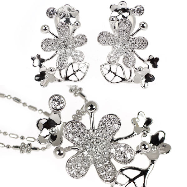 K18WG ダイヤモンド ペンダントネックレス イヤリングセット0.96ct D0.80ct  フラワー