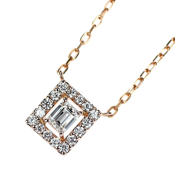 K18PG エメラルドカット ダイヤモンド ペンダントネックレス 0.18ct D0.14ct
