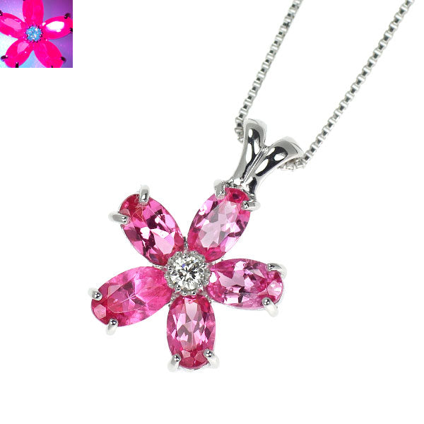 K18WG 強蛍光ピンクスピネル ダイヤモンド ペンダントネックレス 1.25ct D0.03ct フラワー