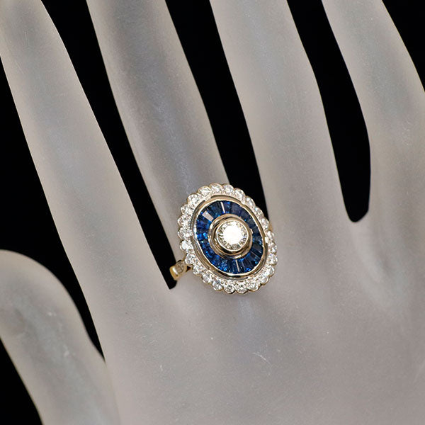 K18YG/WG ダイヤモンド カリブレカットサファイア カクテルリング 0.56ct S1.27ct D0.28ct 海外ヴィンテージ製品