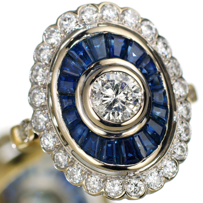 K18YG/WG ダイヤモンド カリブレカットサファイア カクテルリング 0.56ct S1.27ct D0.28ct 海外ヴィンテージ製品