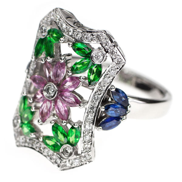 K18WG ダイヤモンド ブルー/ピンクサファイア グリーンガーネット リング 0.46ct S1.52ct G1.00ct フラワー