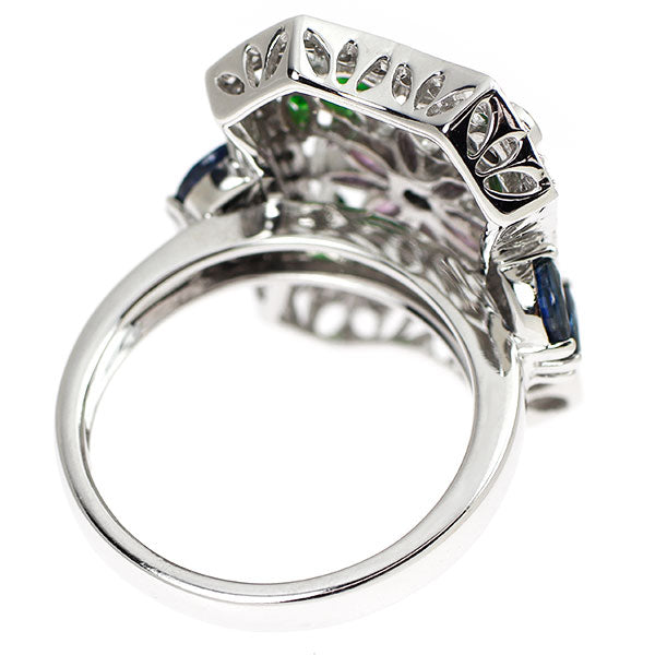 K18WG ダイヤモンド ブルー/ピンクサファイア グリーンガーネット リング 0.46ct S1.52ct G1.00ct フラワー