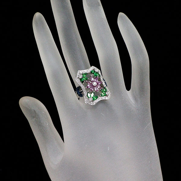 K18WG ダイヤモンド ブルー/ピンクサファイア グリーンガーネット リング 0.46ct S1.52ct G1.00ct フラワー