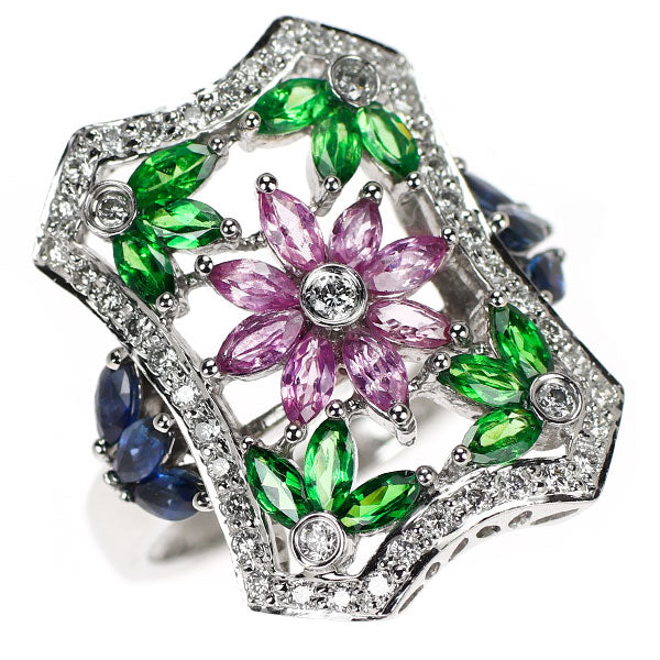 K18WG ダイヤモンド ブルー/ピンクサファイア グリーンガーネット リング 0.46ct S1.52ct G1.00ct フラワー