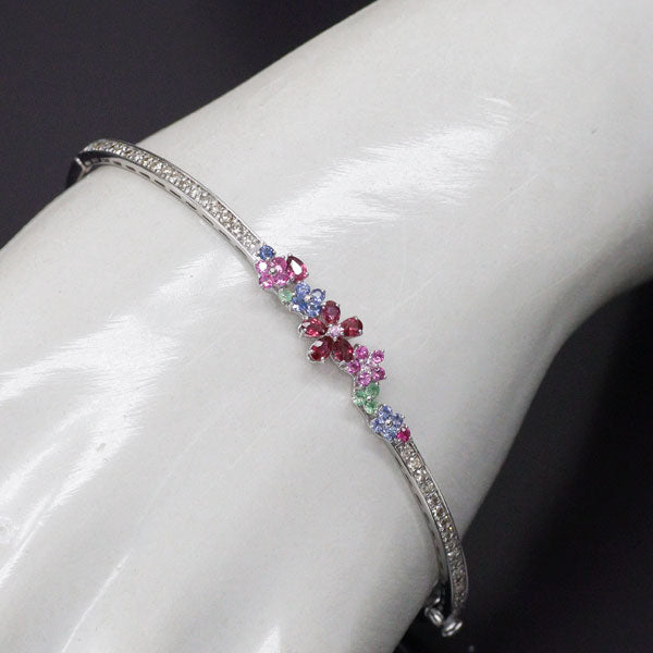 K18WG ルビー カラーサファイア グリーンガーネット ダイヤモンド バングル D0.50ct フラワー