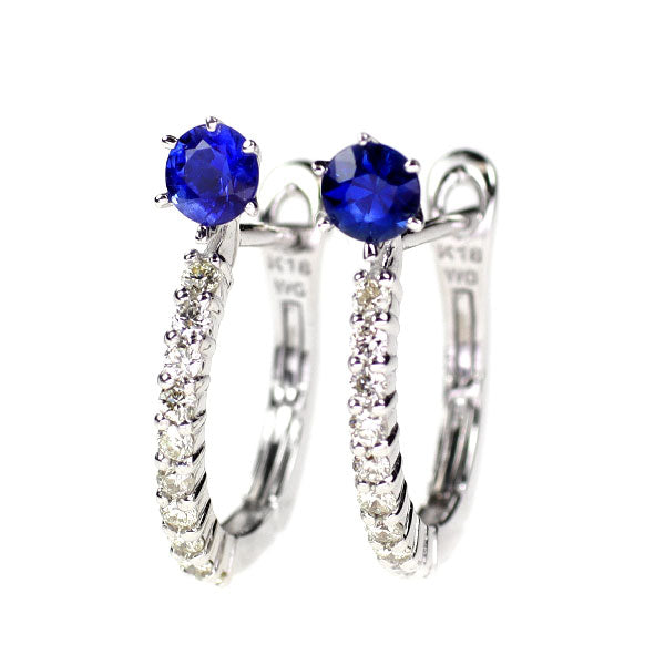 K18WG サファイア ダイヤモンド ピアス 0.28ct D0.16ct フープ
