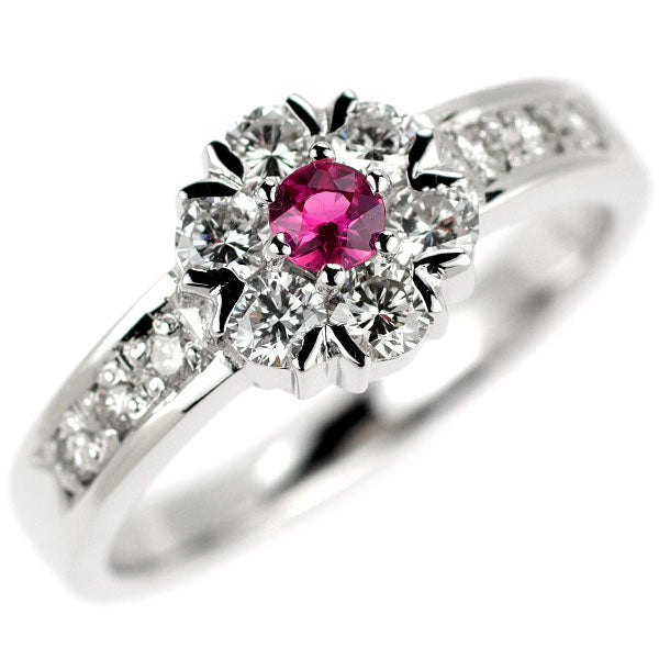 K18WG ルビー ダイヤモンド リング 0.15ct D0.58ct フラワー