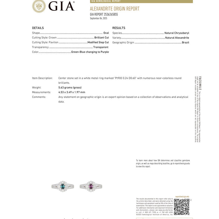 産地鑑別書付 Pt900 ブラジル産アレキサンドライト ダイヤモンド