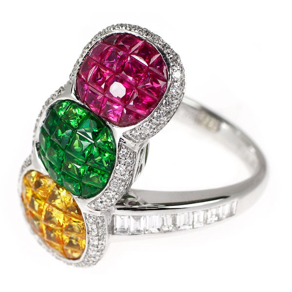 K18WG マルチカラーストーン ダイヤモンド リング 4.57ct D0.79ct
