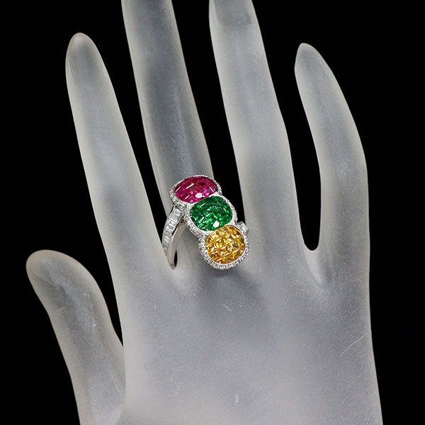 K18WG マルチカラーストーン ダイヤモンド リング 4.57ct D0.79ct