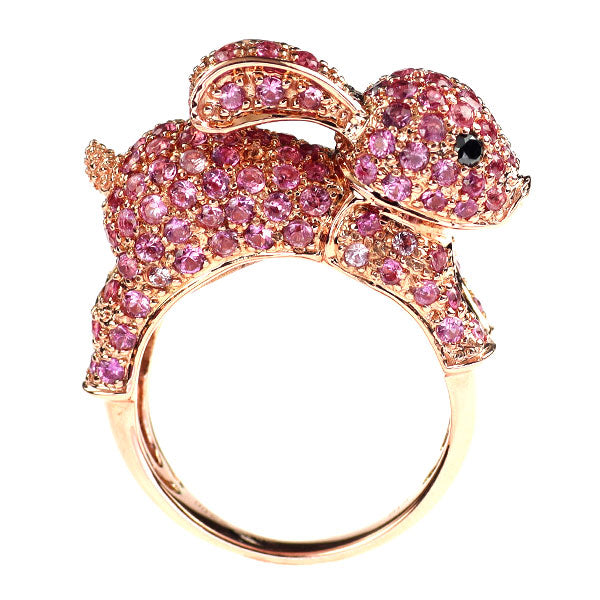 K18PG ピンクサファイア ブラックダイヤモンド リング 3.00ct BD0.07ct うさぎ パヴェ