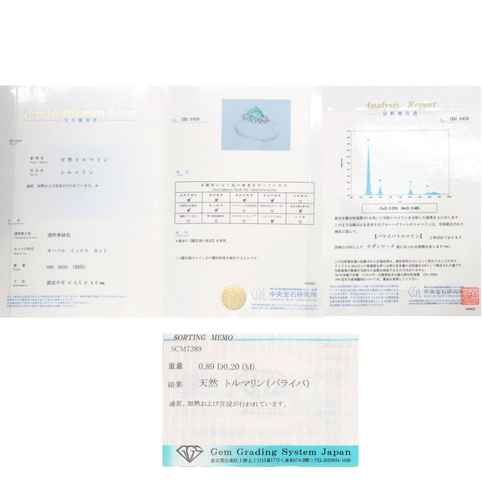 Pt900 モザンビーク産パライバトルマリン ダイヤモンド リング 0.89ct D0.20ct