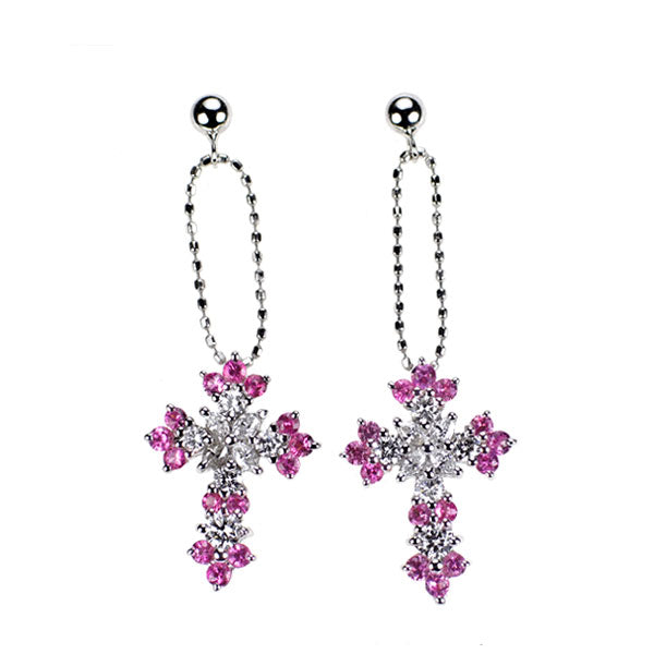 笠原真寿美 K18WG/K14WG ピンクサファイア ダイヤモンド ピアス 0.60ct D0.50ct クロス