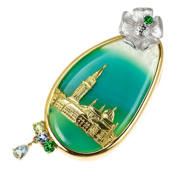 水野薫子 K18YG/WG アゲート アクアマリン ペリドット ガーネット ブローチ A0.21ct P0.12ct G0.09ct G0.14ct
