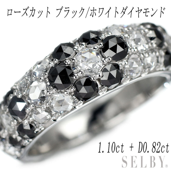 K18WG ローズカット ブラック/ 無色ダイヤモンド パヴェリング BD1.10ct D0.82ct