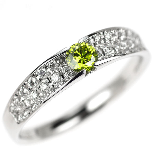K18WG トリートグリーン カラーレス ダイヤモンド リング 0.30ct D0.36ct パヴェ