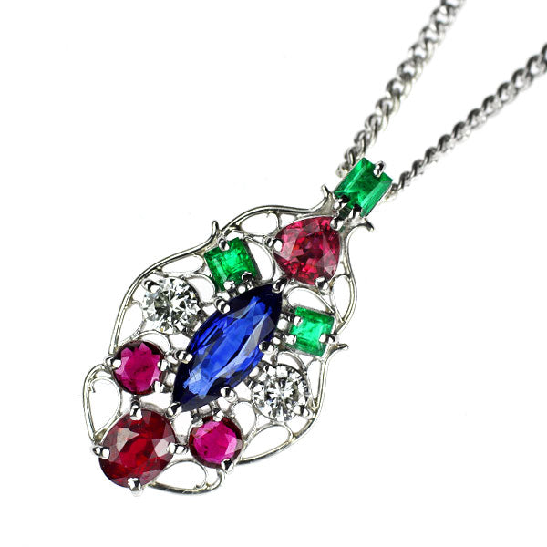 Pt900/ Pt850 サファイア ルビー エメラルド ダイヤモンド ペンダントネックレス 0.98ct R0.80ct E0.25ct D0.20ct 四大宝石