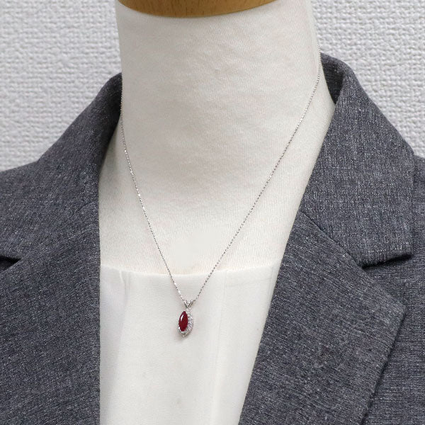 K18WG マーキス ルビー ダイヤモンド ペンダントネックレス 0.97ct D0.23ct