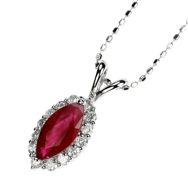 K18WG マーキス ルビー ダイヤモンド ペンダントネックレス 0.97ct D0.23ct