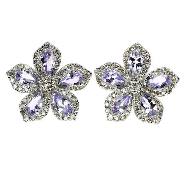 K18WG タンザナイト ダイヤモンド ピアス 1.90ct D0.72ct フラワー