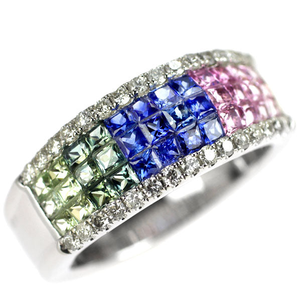 K18WG マルチカラーサファイア ダイヤモンド リング 2.17ct D0.30ct ミステリーセッティング