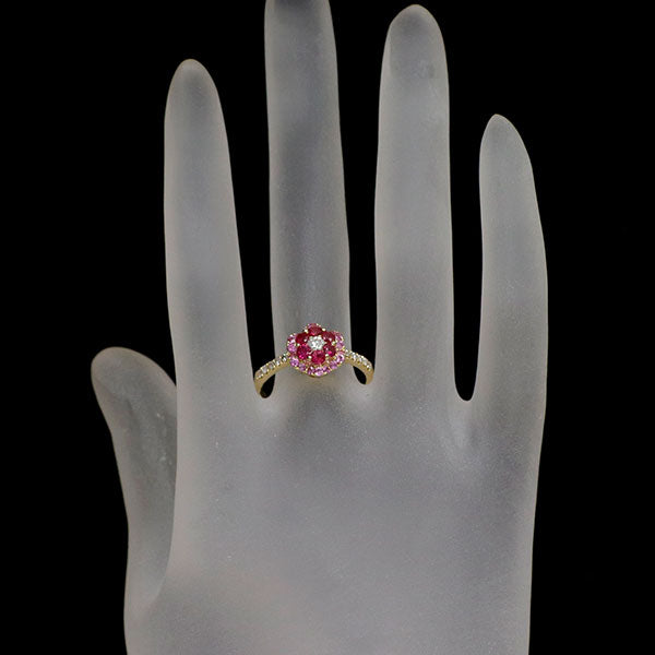 K18YG ルビー ピンクサファイア ダイヤモンド リング 0.50ct PS0.35ct D0.20ct フラワー