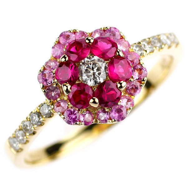 K18YG ルビー ピンクサファイア ダイヤモンド リング 0.50ct PS0.35ct D0.20ct フラワー