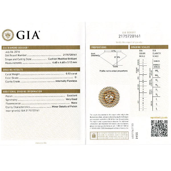 Pt950 クッションカット ダイヤモンド リング 0.53ct G IF D0.248ct