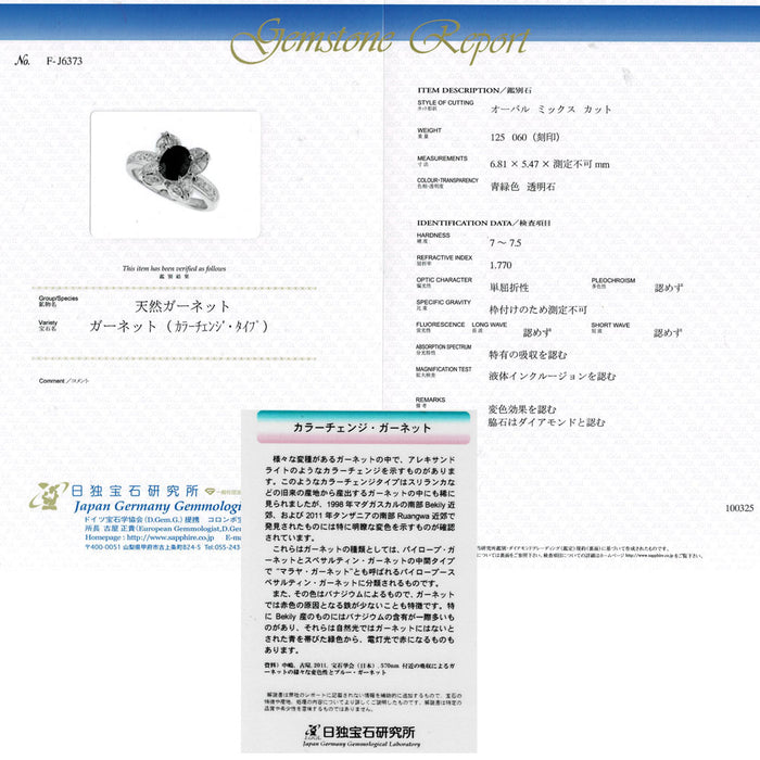 Pt900 カラーチェンジ ガーネット ダイヤモンド リング 1.25ct D0.60ct