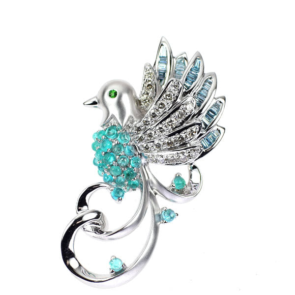 K18WG カボションカットパライバトルマリン グリーンガーネット ダイヤモンド ペンダントトップ 0.50ct G0.007ct D0.40ct 鳥