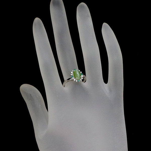 Pt900 ネフライトキャッツアイ ダイヤモンド エメラルド リング 1.38ct D0.17ct