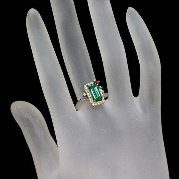 Pt900/ K18YG トルマリン ルビー エメラルド ダイヤモンド リング 2.03ct R0.14ct E0.04ct D0.31ct