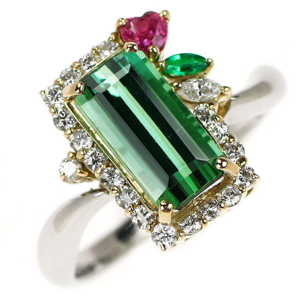 Pt900/ K18YG トルマリン ルビー エメラルド ダイヤモンド リング 2.03ct R0.14ct E0.04ct D0.31ct