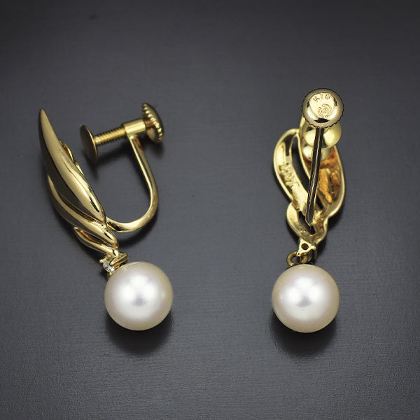 田崎真珠 K18YG アコヤ 真珠/パール ダイヤモンド イヤリング 径約6.5mm D0.02ct