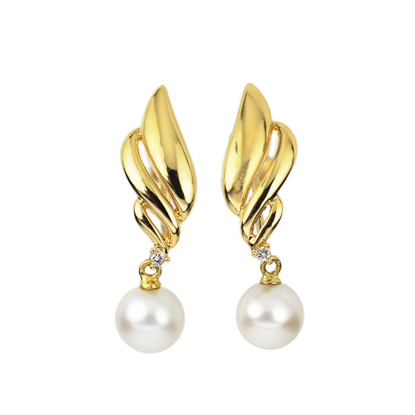 田崎真珠 K18YG アコヤ 真珠/パール ダイヤモンド イヤリング 径約6.5mm D0.02ct